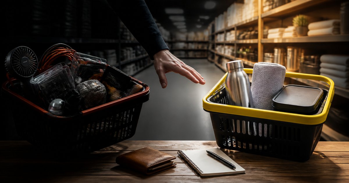Panier de magasinage désordonné à côté d'un panier organisé, avec portefeuille et carnet