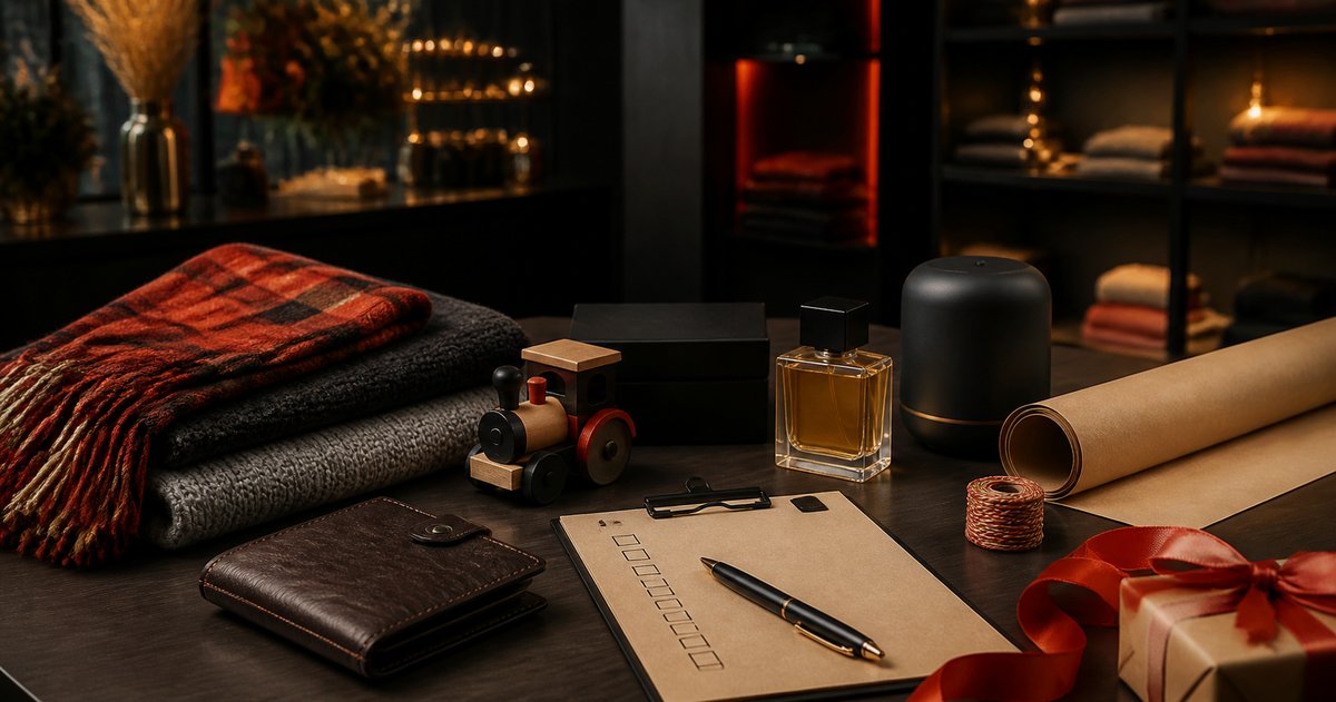 Ambiance chaleureuse des Fêtes avec cadeaux, parfum et liste de planification