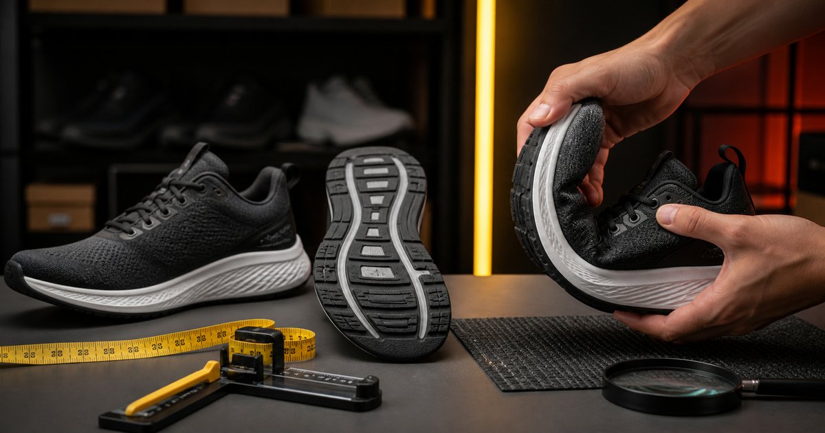 Mains vérifiant la flexibilité de la semelle d'une chaussure de sport