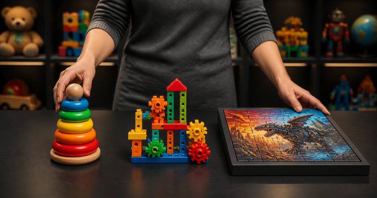 Progression de jouets selon l'âge : anneaux empilables, jeu de construction, casse-tête