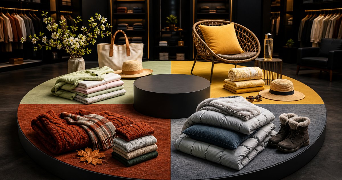 Quatre saisons illustrées par des vêtements et accessoires groupés par thème